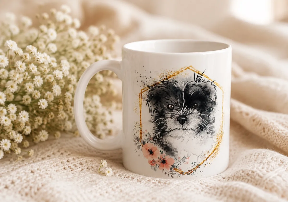 Tasse mit Lotti, handgezeichnetes Watercolour-Portrait mit Goldrahmen, stimmungsvoll in Szene gesetzt